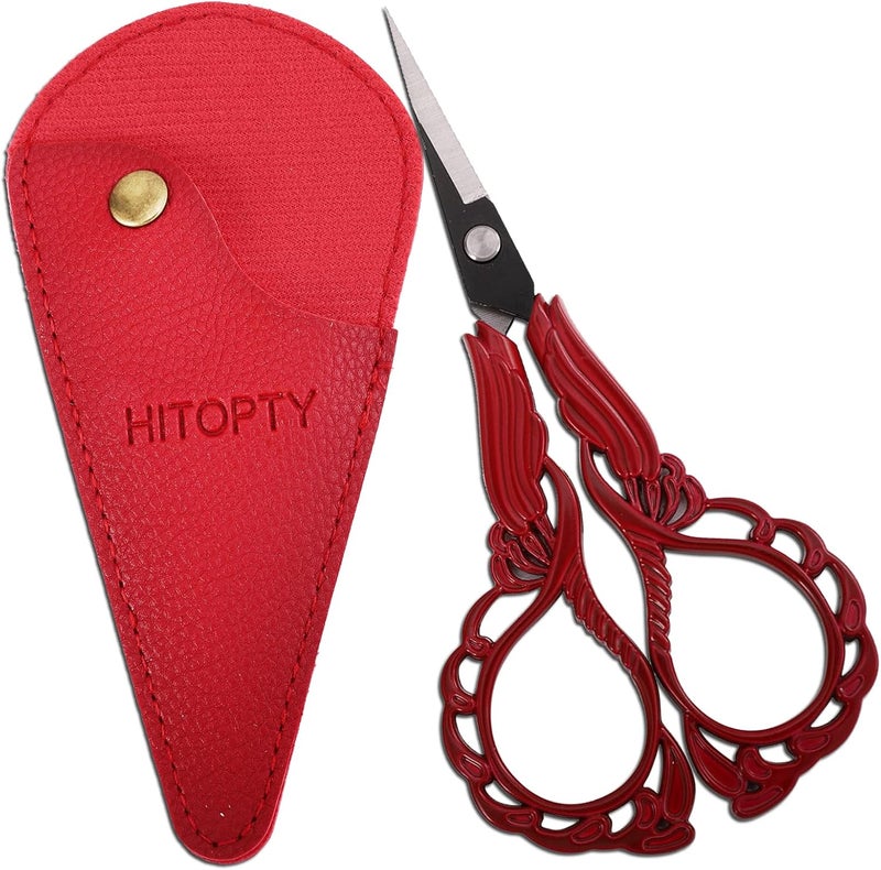 HITOPTY Sewing Embroidery Scissors with Cover, Sharp Threading Scissors for Needlework Craft Yarn Art Paper Detail Cutting, Straight Tip Little Snips Red Vintage - Image 1